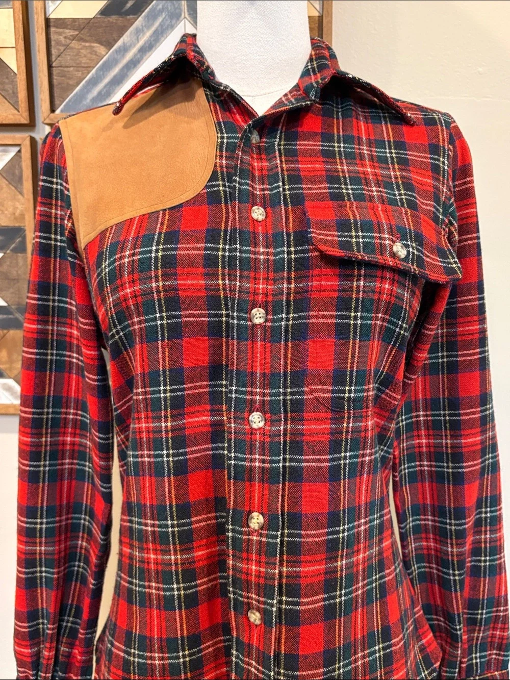 Vintage Ralph Lauren 70s Plaid Button Down Leather Patch Top size 8 *As-Is* - Picture 3 of 16